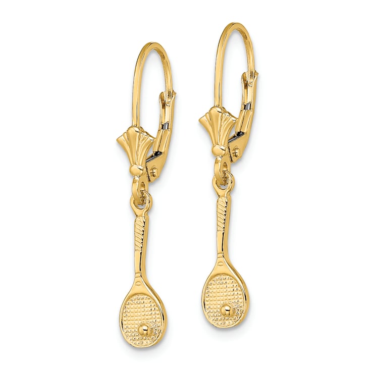 14k Yellow Gold Polished and Textured Tennis Racquet with Ball Dangle Earrings