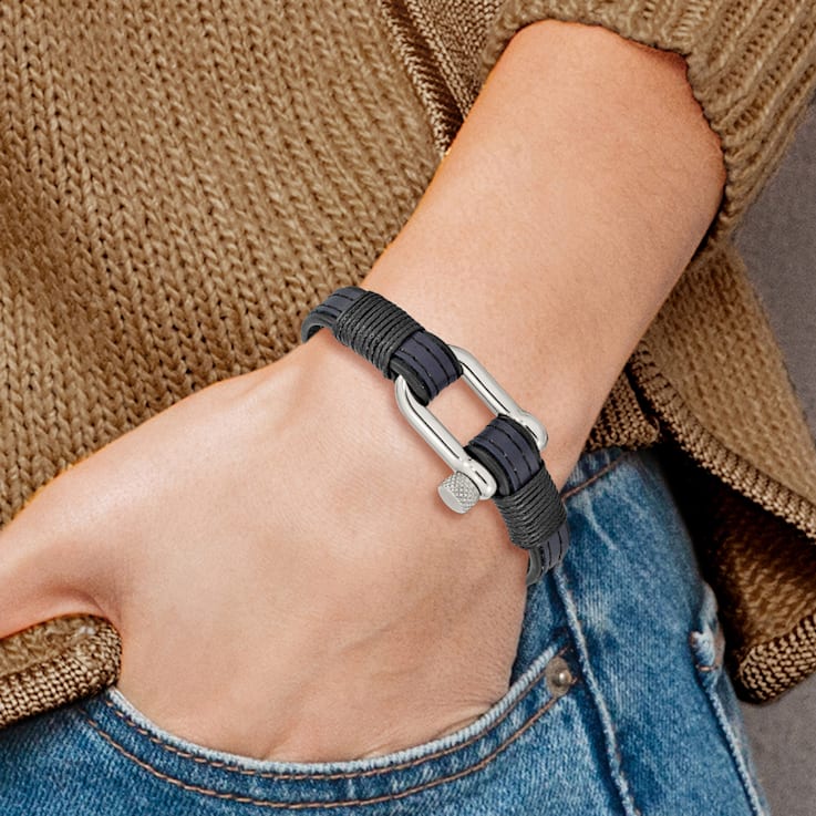 Black and Blue Leather Stainless Steel Polished 8.25-inch Shackle Bracelet