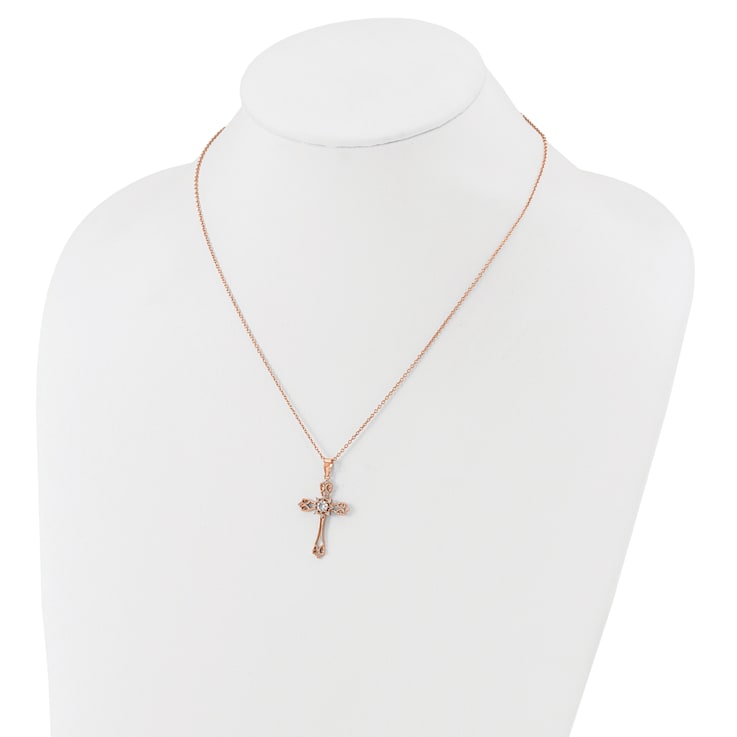 14K Rose Gold Over Sterling Silver Cubic Zirconia Cross with 2 Inch
Extension Necklace