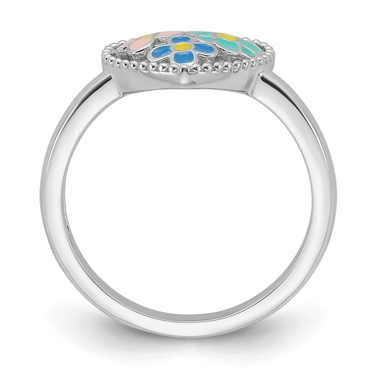 Rhodium Over Sterling Silver Beaded and Enameled Floral Heart Children's Ring