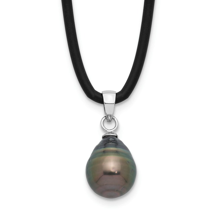 Rhodium Over Sterling Silver Tahitian Pearl 18 Inch Black Silicone Necklace