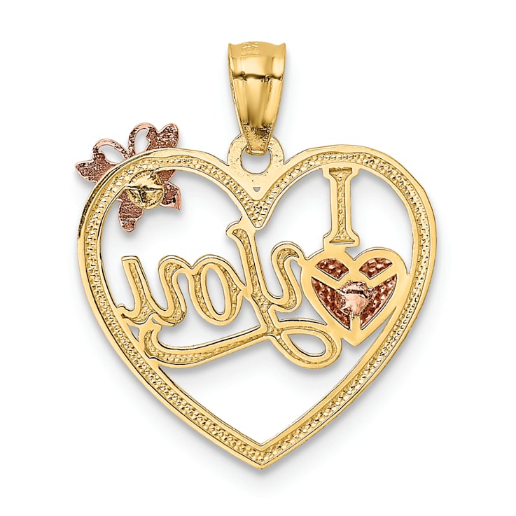 14k Tri-color Gold I LOVE YOU Heart with Butterfly Pendant