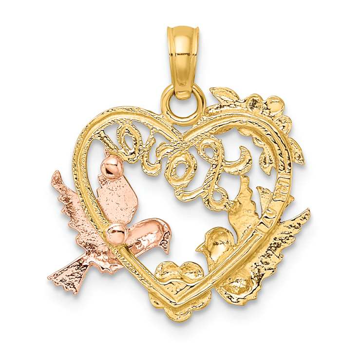14K Tri-color Gold Textured LOVE with Doves Heart Charm