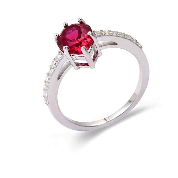 Red Lab Created Ruby with Moissanite Accents Sterling Silver Pear Shape
Teardrop Solitaire Ring