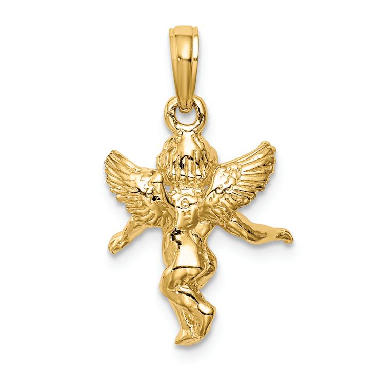 14k Yellow Gold 3D Polished and Textured Solid Angel Pendant