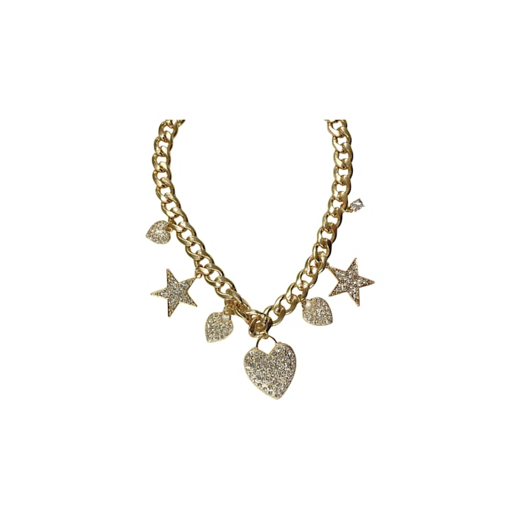 Gold Tone Crystal Stars and Heart Charms Pendant Necklace.