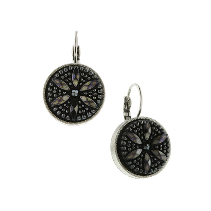 Silver-Tone Textured Black Round Drop Earrings