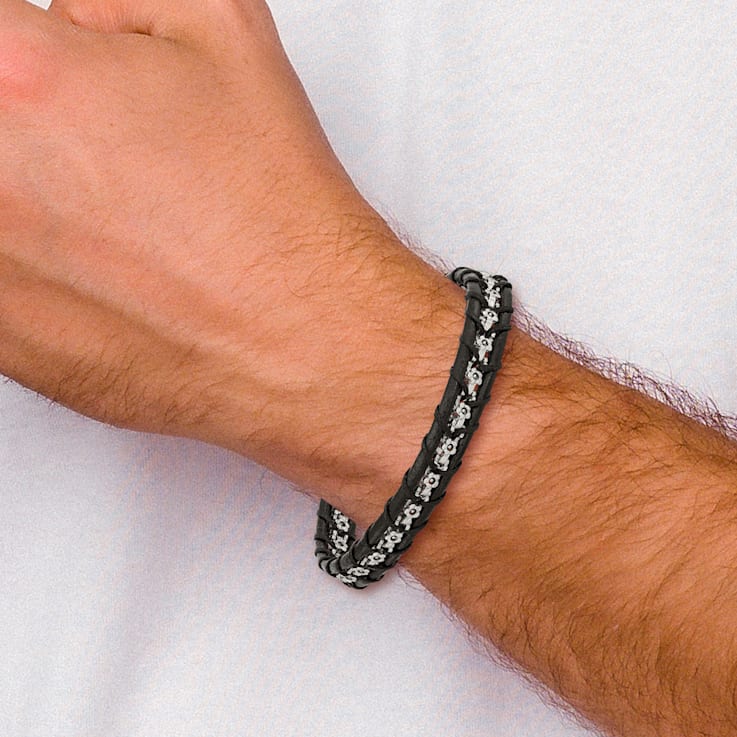 Black Leather and Stainless Steel Polished Flower Link 8.25-inch Bracelet