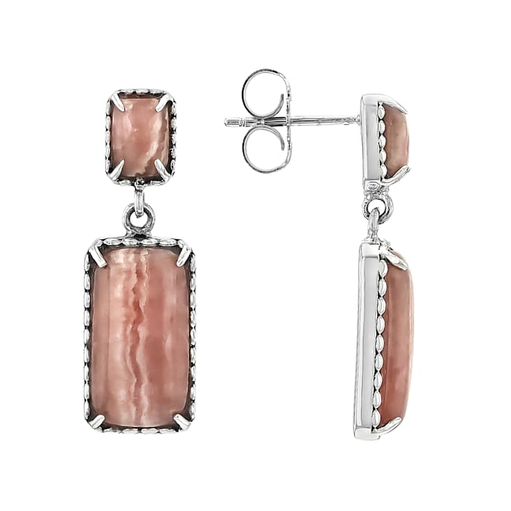 Rhodochrosite Sterling Silver Dangle Earrings 14x7mm And 6x4mm