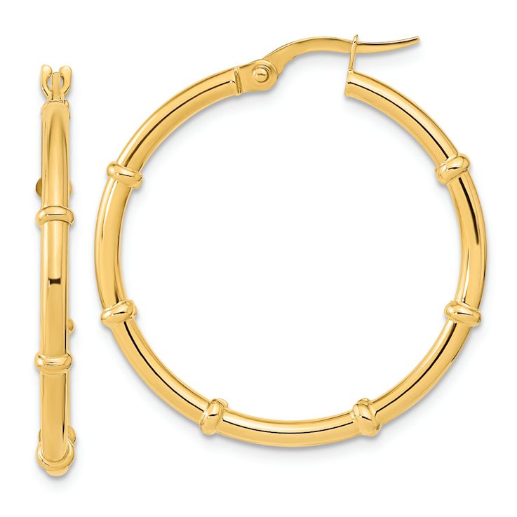14k Yellow Gold 1 1/8" Polished and Fancy Hoop Earrings