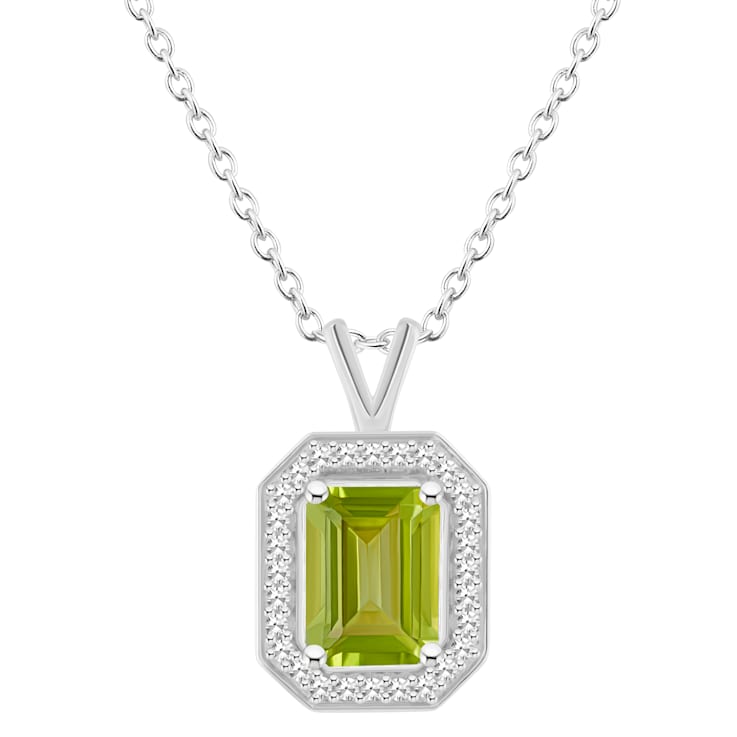 8x6mm Emerald Cut Peridot 1/7 ctw Diamond Rhodium Over Sterling Silver
Halo Pendant with Chain