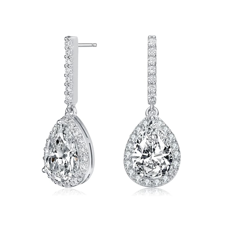 Pear Shape CZ Halo Linear Drop Earrings In Sterling Silver