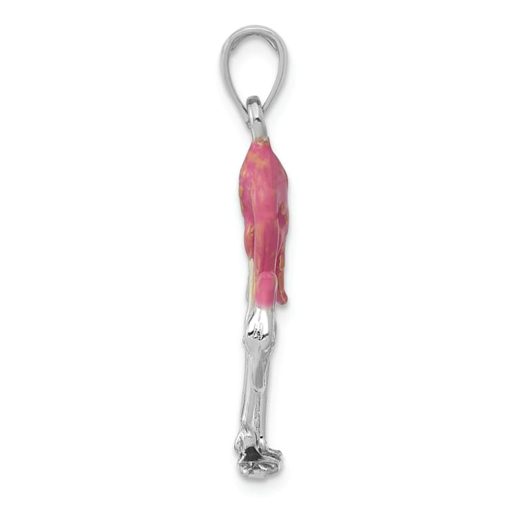 Rhodium Over 14k White Gold 3D Enameled Pink Flamingo Pendant