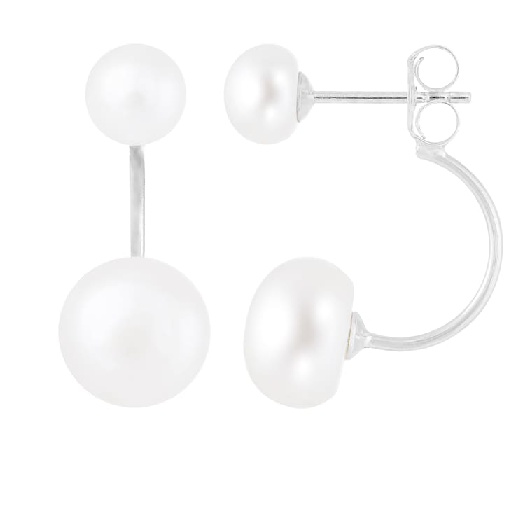 6-10mm White Cultured Freshwater Pearl Rhodium Over Sterling Silver Earrings
