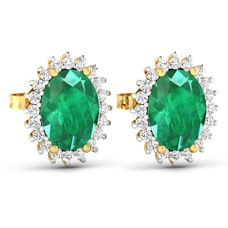 2.0ctw 14K Yellow Gold  Zambian Green Emerald and White Diamond Halo Earrings