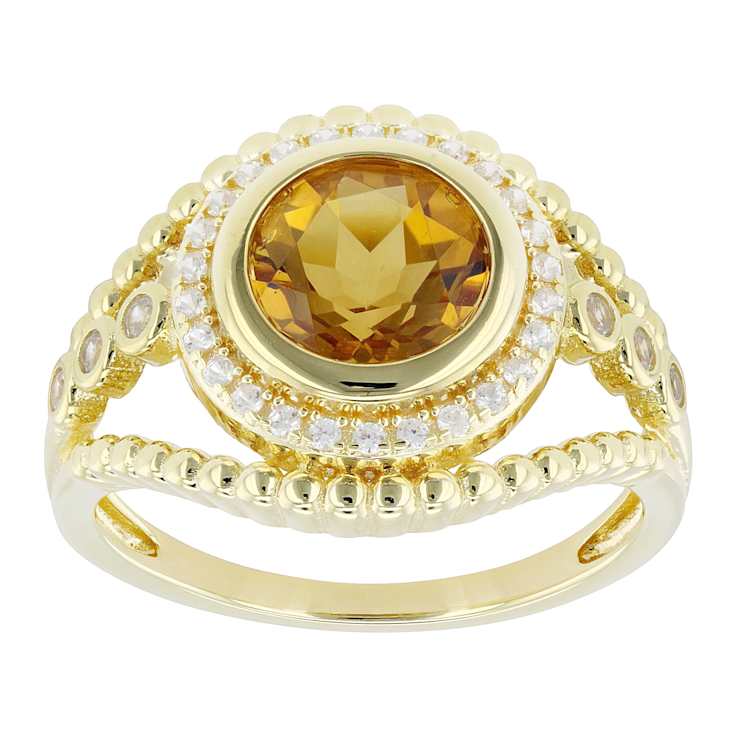 Citrine Round And White Zircon Ring In 18K Gold Over Sterling Silver 2.25ctw
