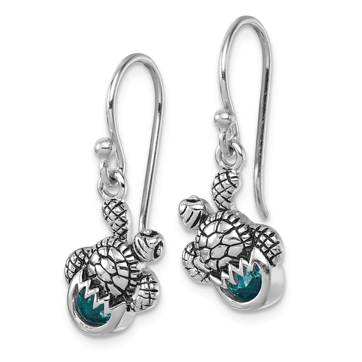 Rhodium Over Sterling Silver Blue Crystal Hatching Turtle Dangle Earrings