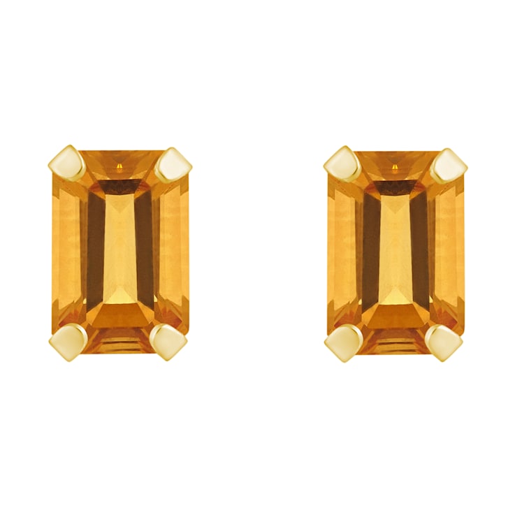 6x4mm Emerald Cut Citrine 10k Yellow Gold Stud Earrings