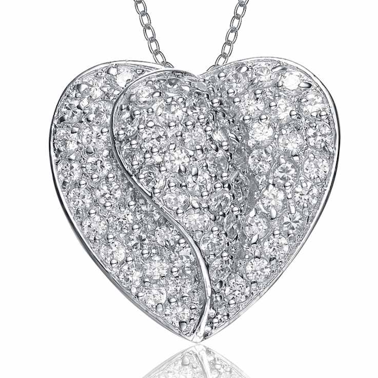 CZ Pave Heart Pendant Necklace In Sterling Silver 12 Inch