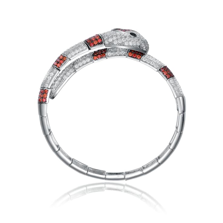 Ruby Color CZ Serpent Cuff Bracelet In Sterling Silver