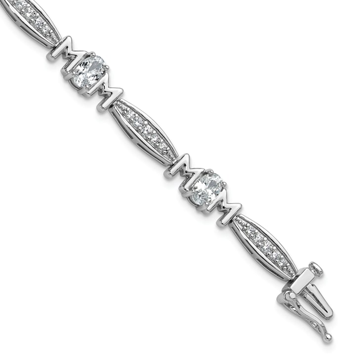 Rhodium Over Sterling Silver Cubic Zirconia Mom with Safety Clasp Bracelet