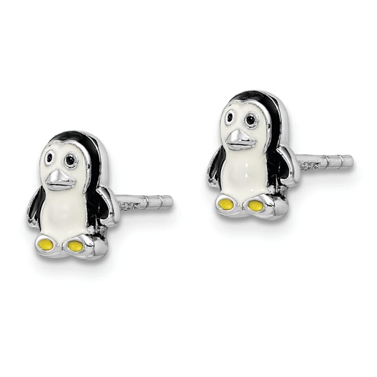 Rhodium Over Sterling Silver Childs Enamel Penguin Post Earrings