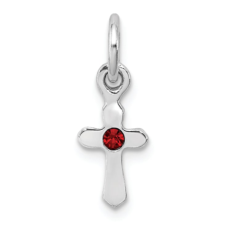Rhodium Over Sterling Silver Child's January Red Preciosca Crystal Cross Pendant