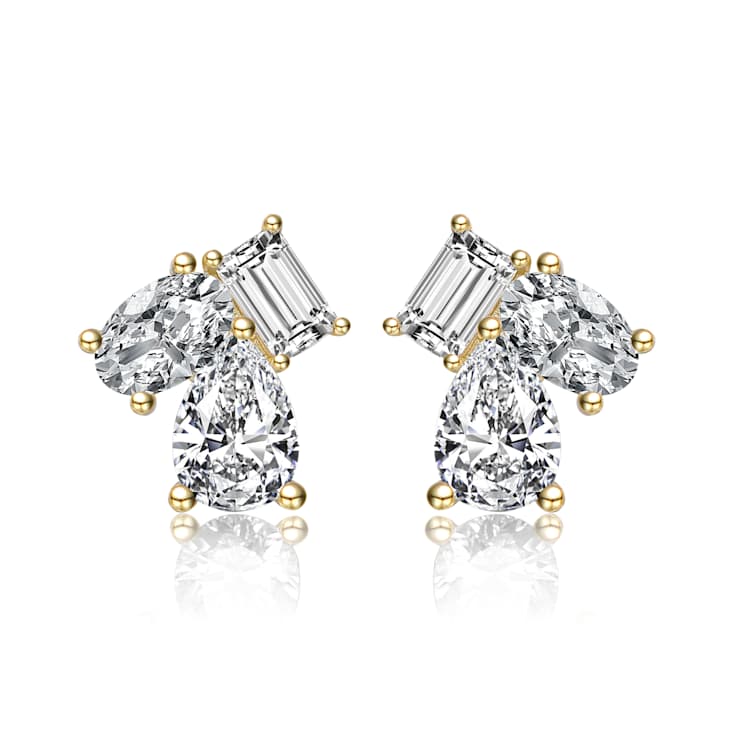 CZ Three-Stone Cluster Stud Earrings In 14K Gold Over Sterling Silver