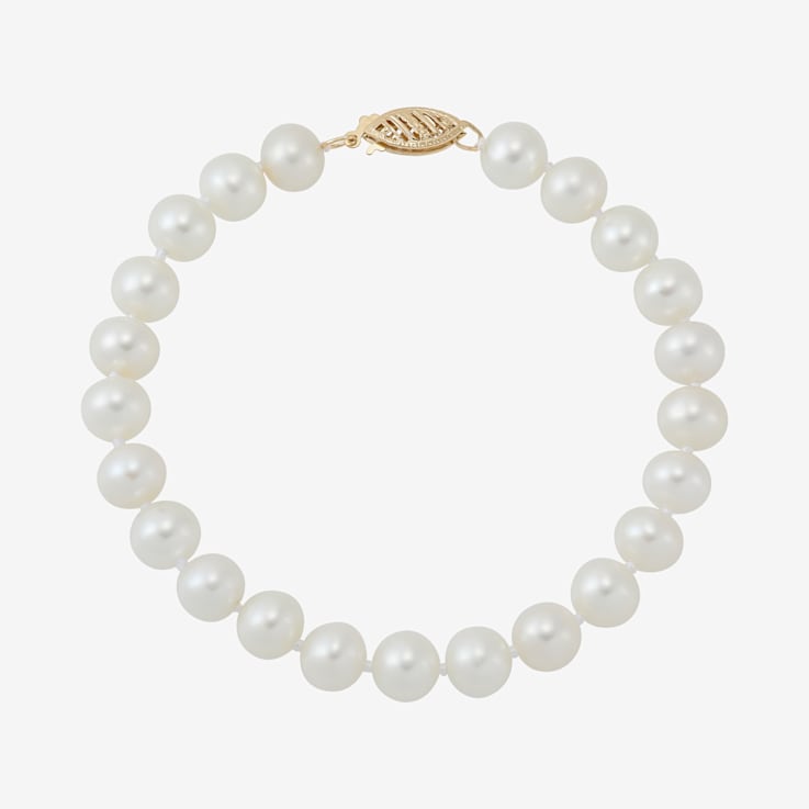 7-8mm Round White Freshwater Pearl 14K Yellow Gold Tennis Bracelet