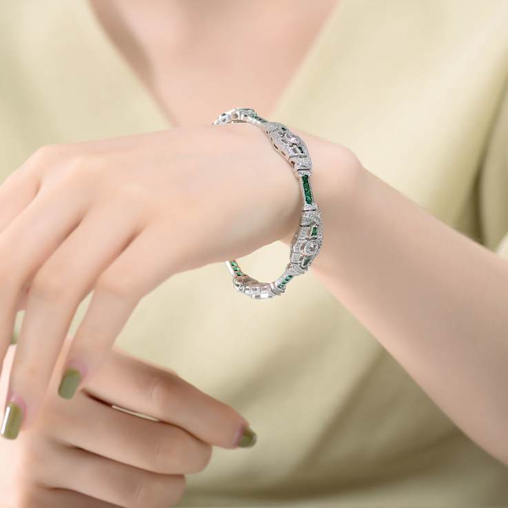 Emerald Color CZ Station Bracelet In Sterling Silver 5.03ctw