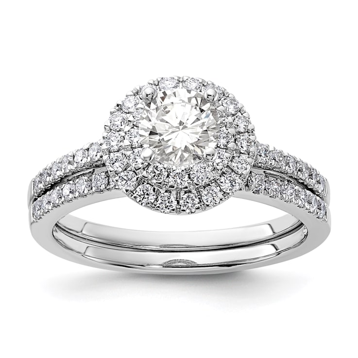 Rhodium Over 14K White Gold Diamond Complete Double Halo Engagement Ring 0.92ctw