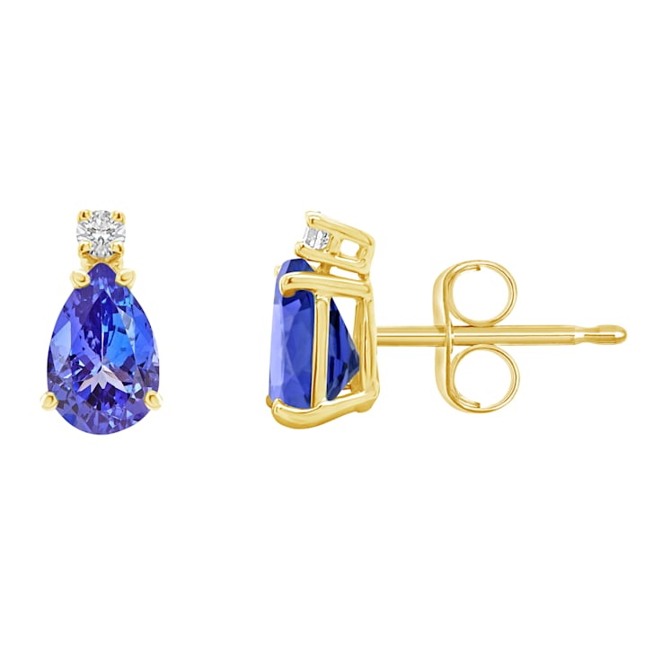 6x4mm Pear Shape Tanzanite with Diamond Accents 14k Yellow Gold Stud Earrings