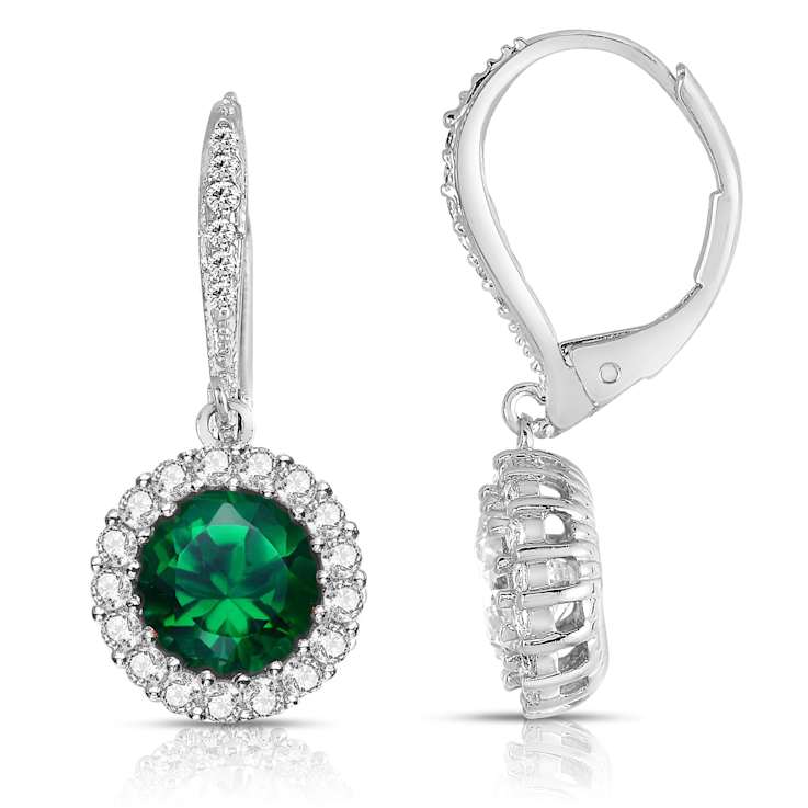Emerald Color CZ Halo Drop Earrings In Sterling Silver