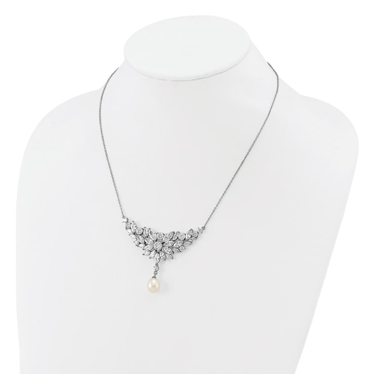 Rhodium Over Sterling Silver Fancy Freshwater Cultured Pearl and Cubic
Zirconia Necklace