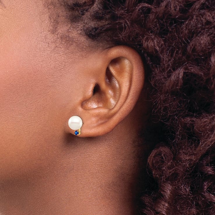 14K Yellow Gold 8-8.5mm White Round Freshwater Cultured Pearl Sapphire
Post Earrings