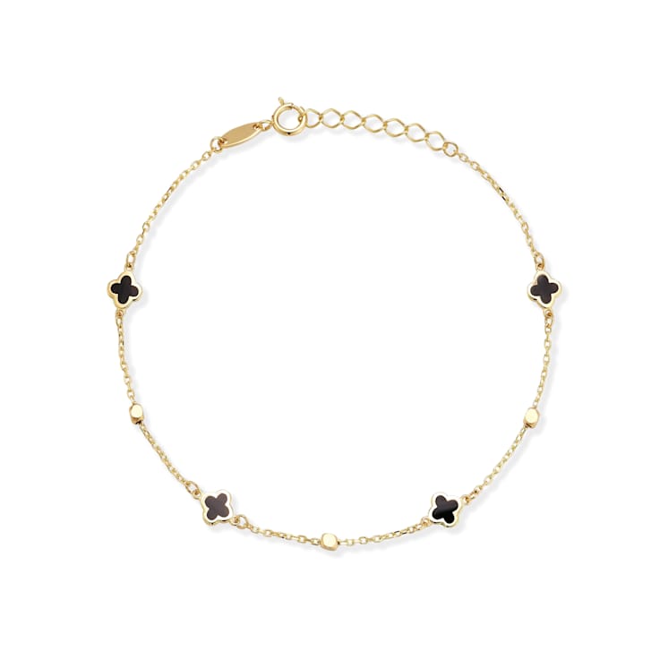 Bellissima Gold 14K Yellow Gold Black Enamel Clover and Beaded Station Bracelet
