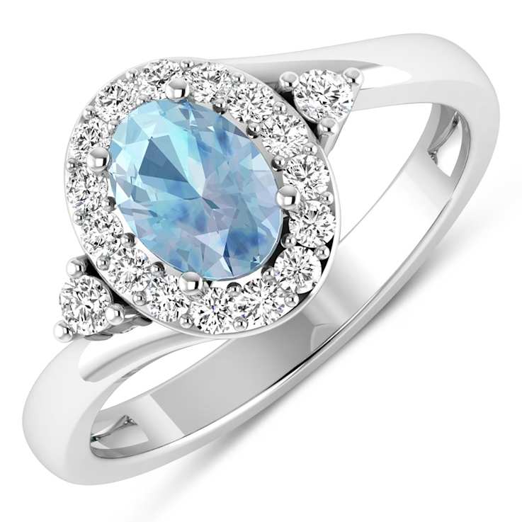 Oval Blue Aquamarine and Diamond 14K White Gold Halo Ring 0.78 ctw