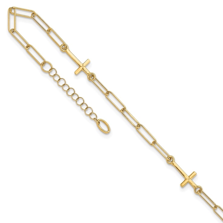 14K Yellow Gold Cross Link with 1-inch Extension Anklet