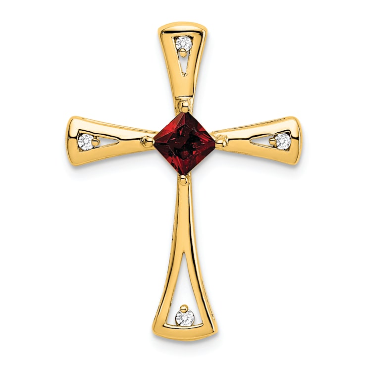 14k Yellow Gold Garnet and Diamond Cross Chain Slide Pendant