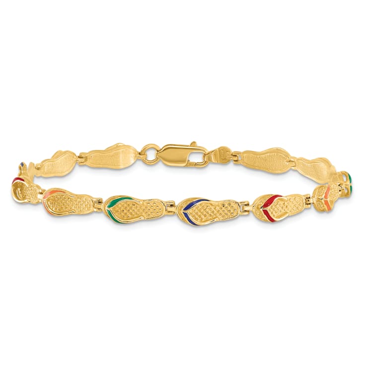 14k Yellow Gold Textured Multi-Color Enamel Flip Flop Bracelet