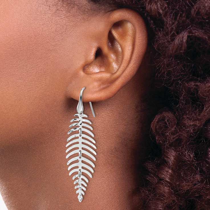 Rhodium Over Sterling Silver Textured Moveable Leaf Dangle Earrings