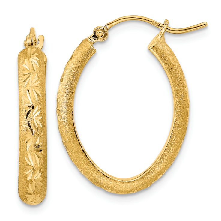 14k Yellow Gold 7/8" Polished Satin and Diamond-Cut Oval Hoop Earrings