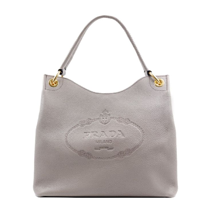 Prada Vitello Phenix Grey Leather Embossed Logo Hobo Tote