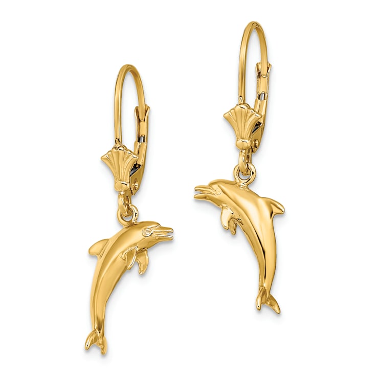 14k Yellow Gold 3D Mini Dolphin Jumping Dangle Earrings