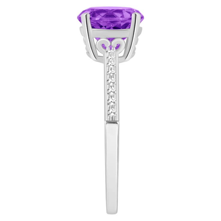 8mm Round Amethyst and 1/10 ctw Diamond Rhodium Over Sterling Silver Ring