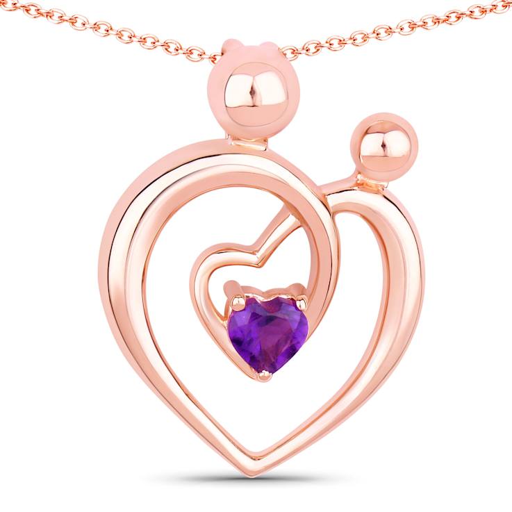 Purple Amethyst Mom and Child Interlink Heart 18K Rose Gold Over
Sterling Silver Pendant With Chain