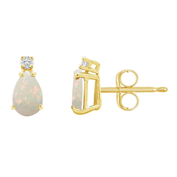 6x4mm Pear Shape Opal with Diamond Accents 14k Yellow Gold Stud Earrings