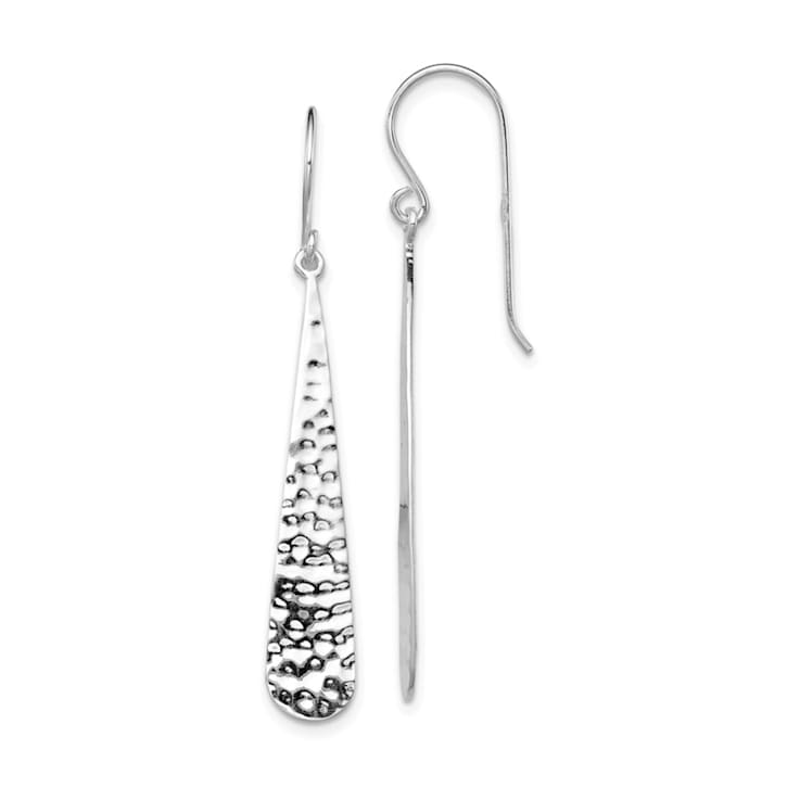 Rhodium Over Sterling Silver Hammered Teardrop Dangle Earrings