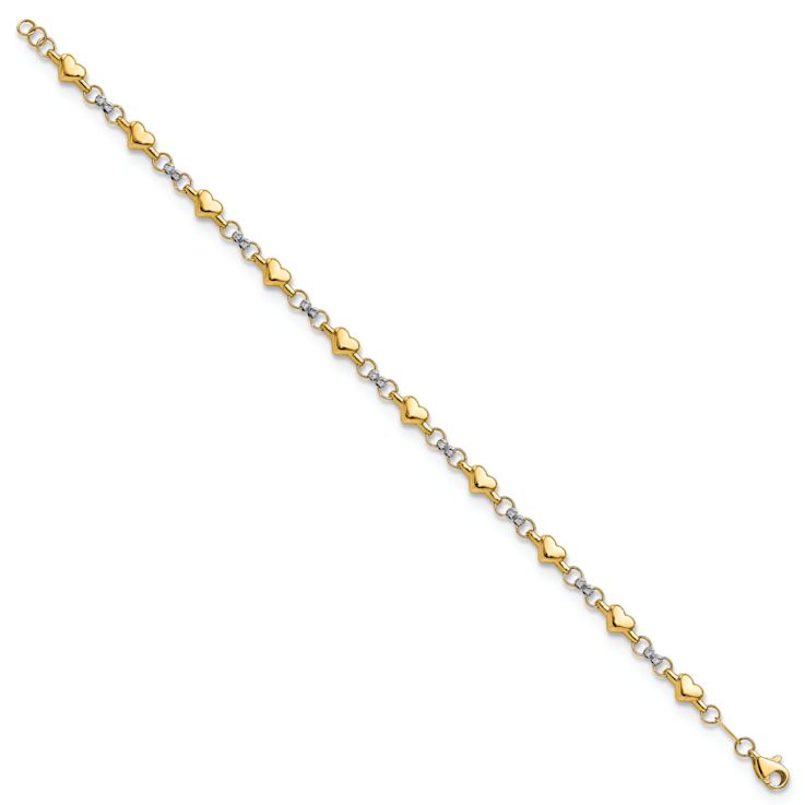 14k Two-tone Gold Polished Diamond-Cut Heart Link Bracelet