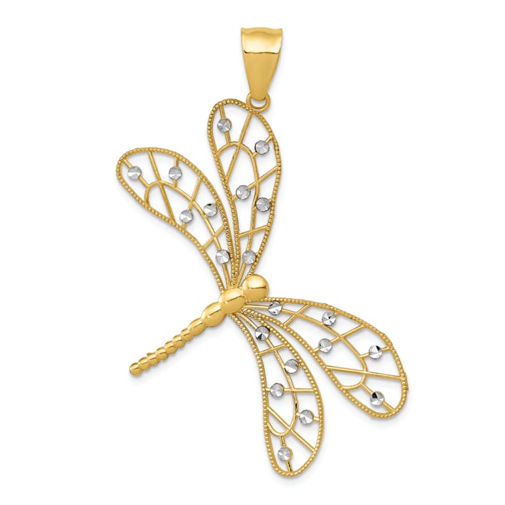 14k Two-tone Gold Polished Diamond-Cut Filigree Dragonfly Pendant